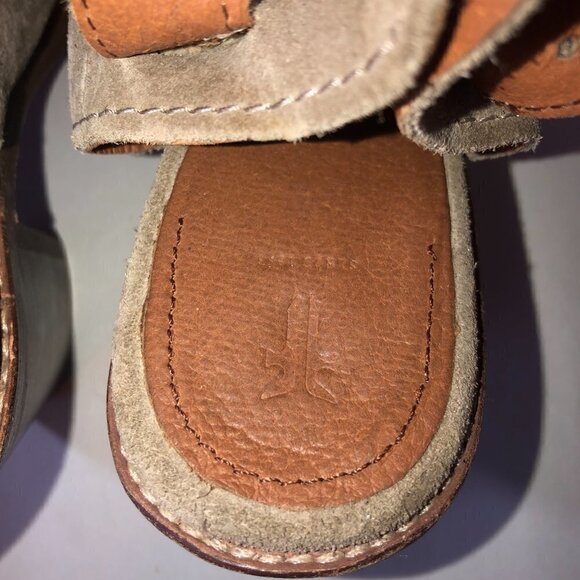 FRYE Ash Courtney Leather Mules Women's Size 6.5 Gray Tan Suede Peep Toe - Picture 9 of 12